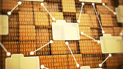 Digital folders connected across a network over a binary data background, representing connected information and document workflows.