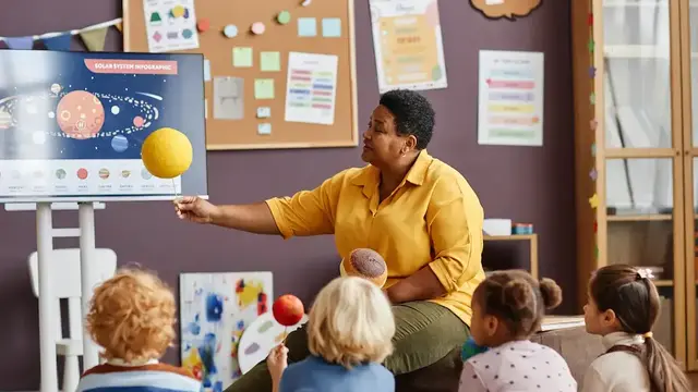 Teacher uses a model of the sun to explain the solar system to four elementary students seated in a classroom, with a solar system diagram displayed on a screen.