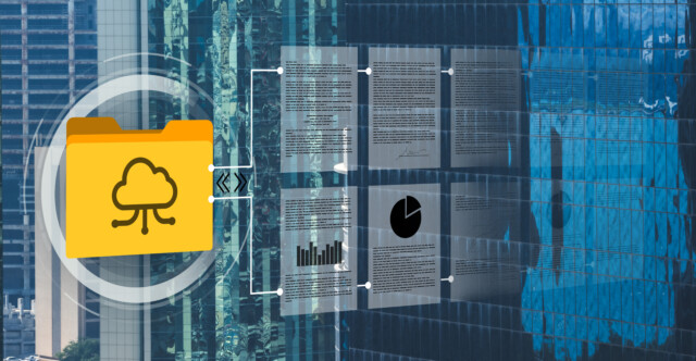 Cloud folder icon connected to digital documents and data visuals over a modern building background.