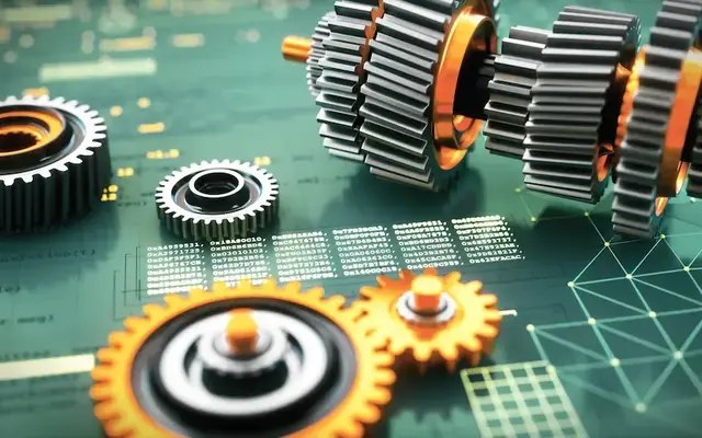 Engineering 3D computer aided design concept, with metallic gears on a virtual reality blueprint surface with programming code. Camera zooming in, defocused, low angle composition.