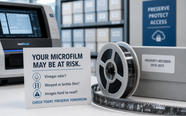 a newer roll of microfilm in front of a notecard stating your microfilm may be at risk due to vinegar syndrome