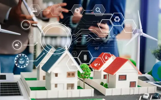 Model homes, renewable energy technology, and digital data graphics representing technology-driven homebuilding.