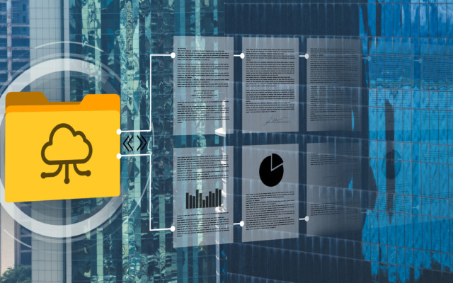 Cloud folder icon connected to digital documents and data visuals over a modern building background.