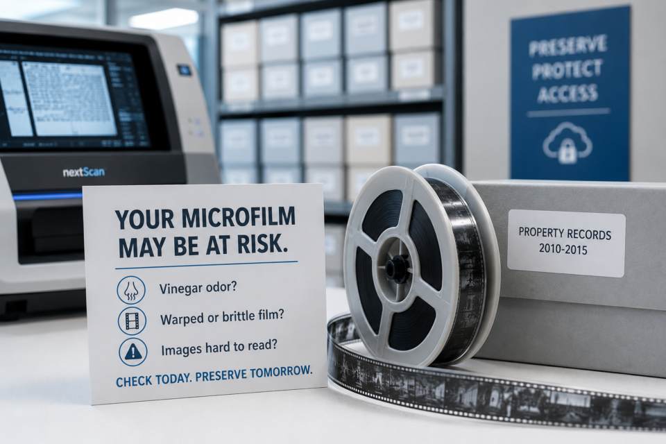 a newer roll of microfilm in front of a notecard stating your microfilm may be at risk due to vinegar syndrome