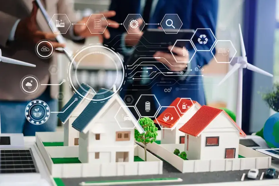 Model homes, renewable energy technology, and digital data graphics representing technology-driven homebuilding.