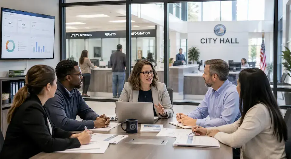 Municipal employees collaborating around a conference table in a city hall office, with public service counters and a performance dashboard visible in the background.