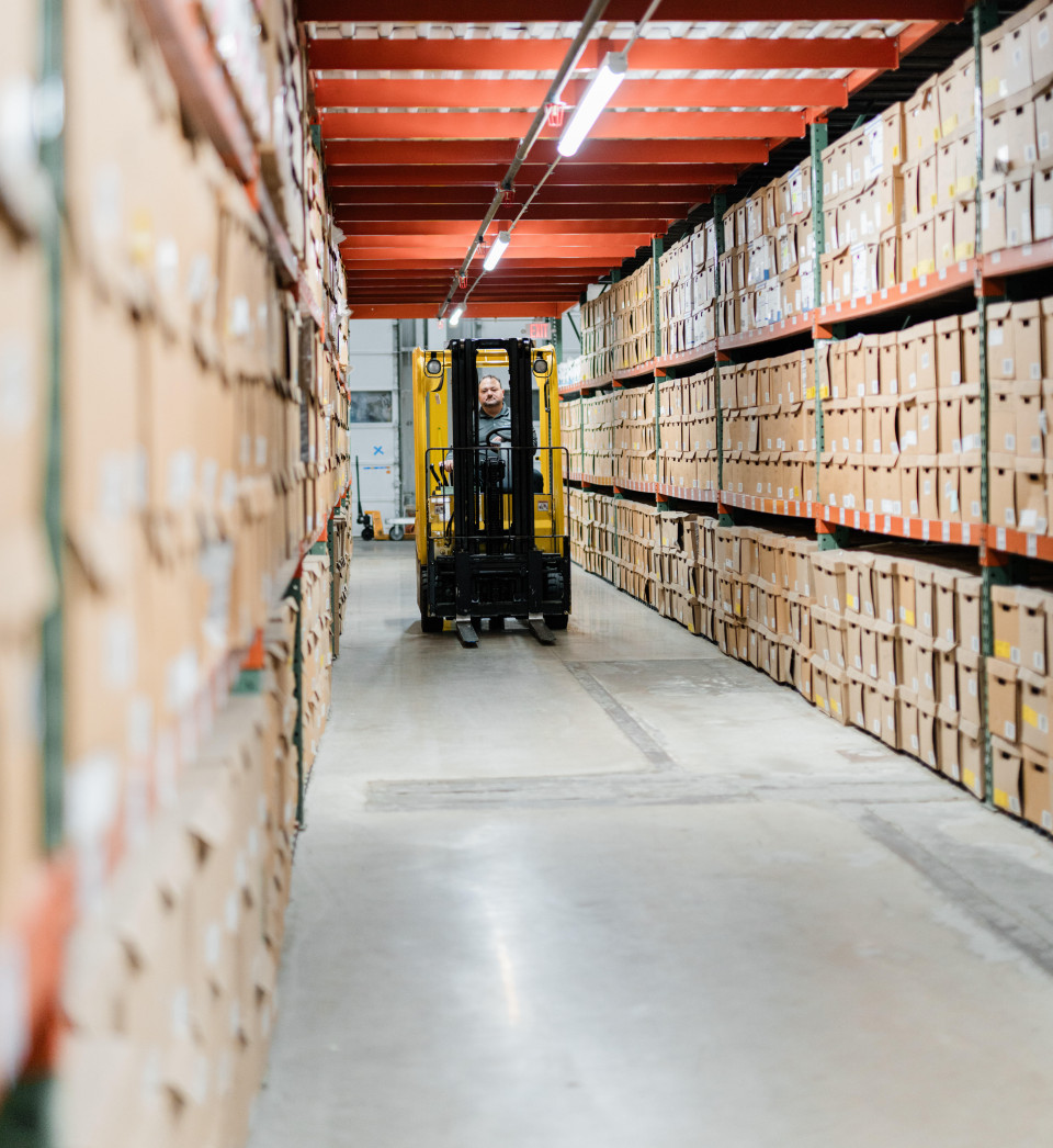 forklift in records storage warehouse