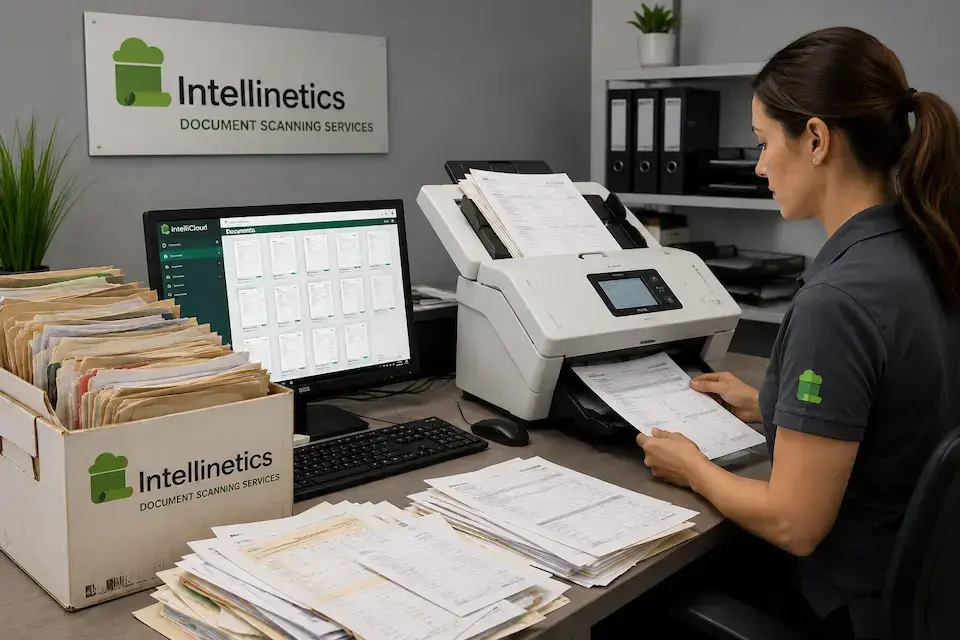 Intellinetics team member scanning paper records into digital files, with boxed documents and IntelliCloud visible on a computer screen.