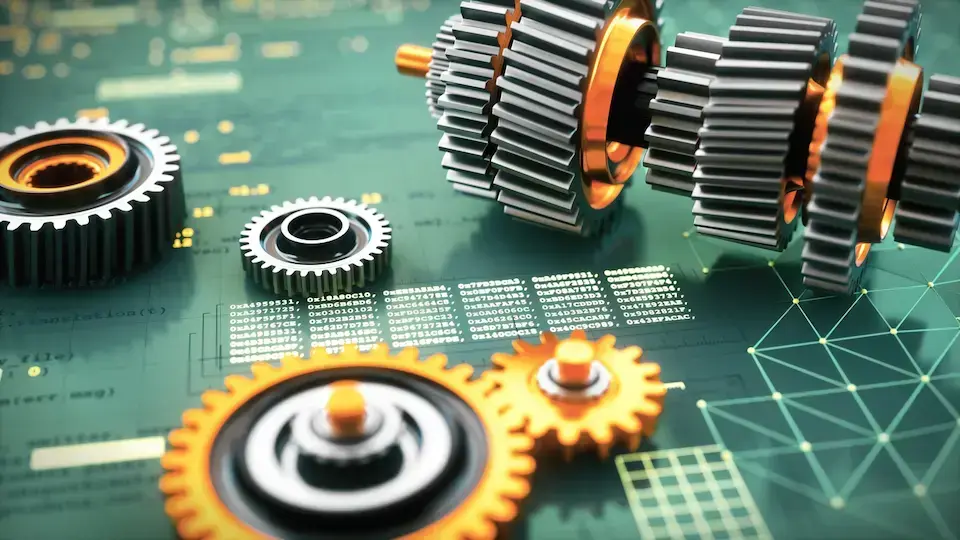 Engineering 3D computer aided design concept, with metallic gears on a virtual reality blueprint surface with programming code. Camera zooming in, defocused, low angle composition.