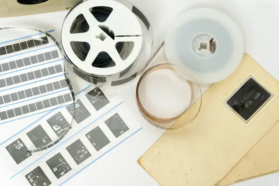 Microfilm reels, microfiche, aperture cards, and other micrographic media representing archival records and document preservation.