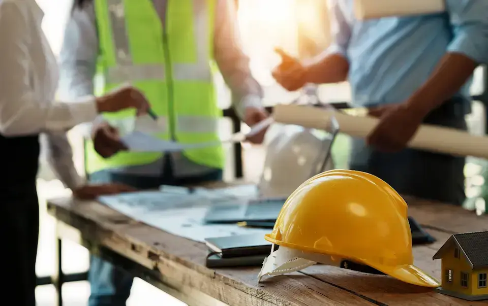 Homebuilding professionals reviewing construction plans with a hard hat and model home in the foreground.