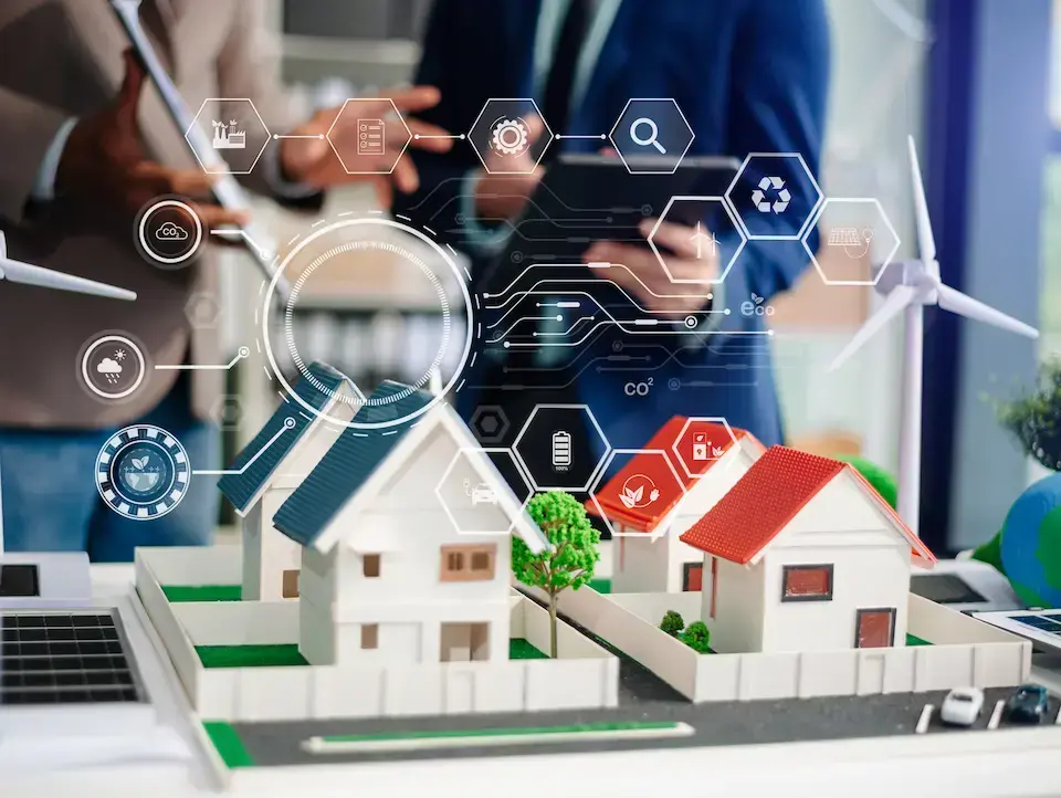 Model homes, renewable energy technology, and digital data graphics representing technology-driven homebuilding.