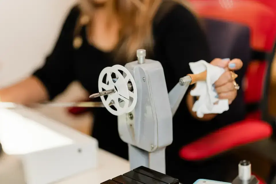 Micrographics technician handling a reel of microfilm during preparation for scanning and digital conversion.