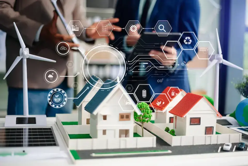 Model homes with solar panels and wind turbines overlaid with digital interface icons representing smart building technology.