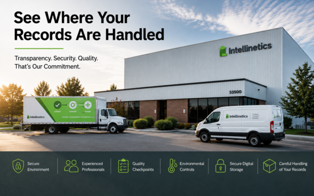 Exterior view of the Intellinetics microfilm conversion and records processing facility with secure production operations, records transportation vehicles, and controlled processing environment.