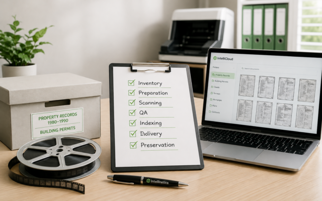 Document conversion planning workspace with microfilm records, conversion checklist, scanner, and searchable digital records.