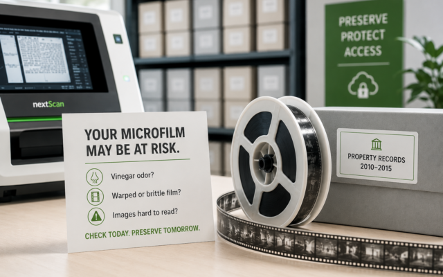 a newer roll of microfilm in front of a notecard stating your microfilm may be at risk due to vinegar syndrome