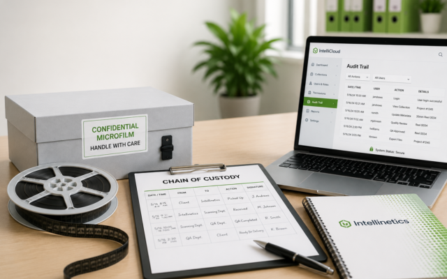 Secure microfilm conversion environment with chain of custody tracking, confidential records storage, audit trail monitoring, and digital records management.