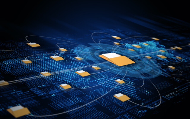 Abstract concept of data file sharing network showing folders connected across a glowing blue digital grid, ideal for storage, cloud, and cybersecurity themes. Big data background 3d rendering