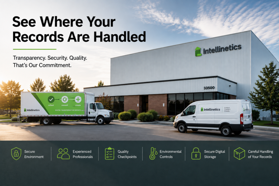 Exterior view of the Intellinetics microfilm conversion and records processing facility with secure production operations, records transportation vehicles, and controlled processing environment.