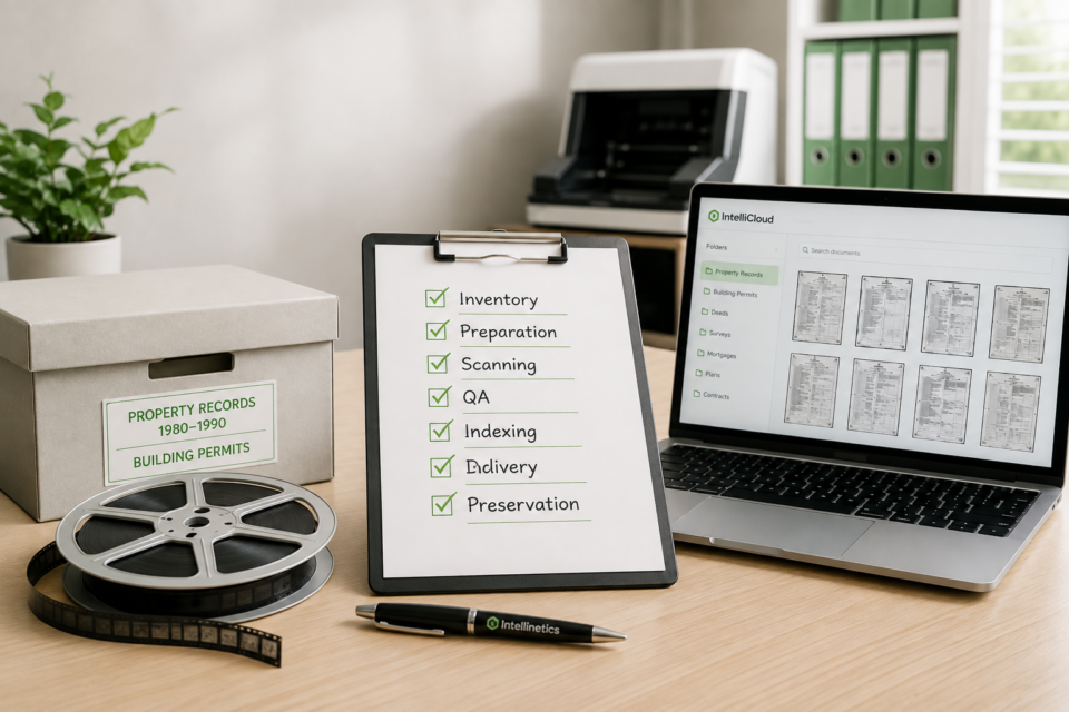 Document conversion planning workspace with microfilm records, conversion checklist, scanner, and searchable digital records.