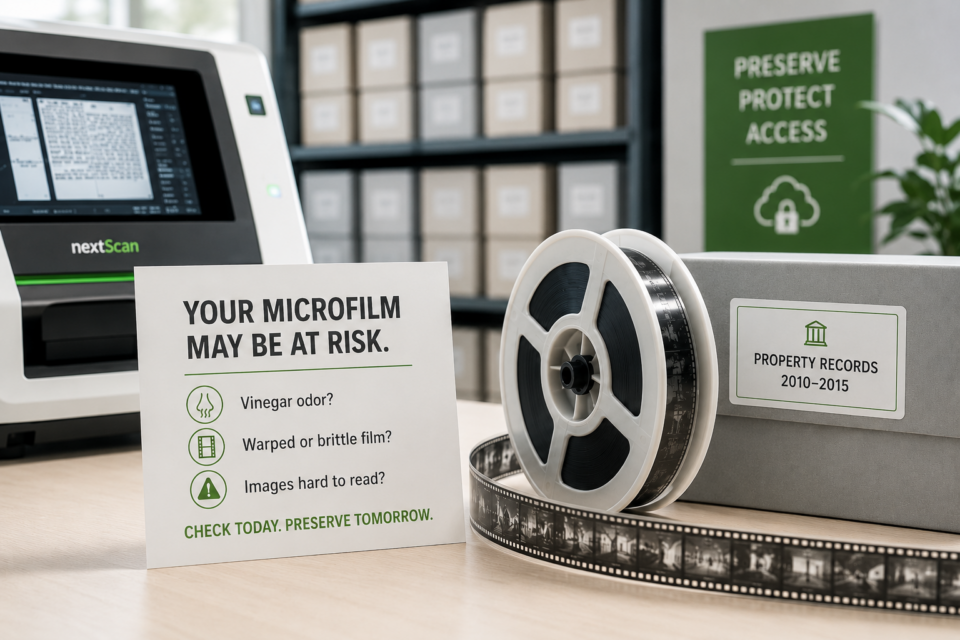 a newer roll of microfilm in front of a notecard stating your microfilm may be at risk due to vinegar syndrome