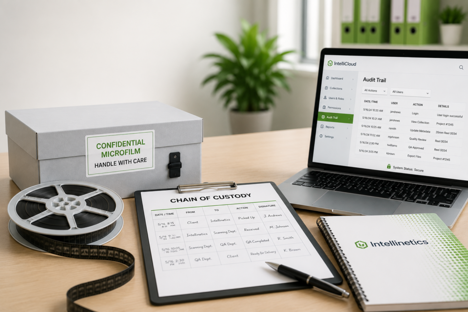 Secure microfilm conversion environment with chain of custody tracking, confidential records storage, audit trail monitoring, and digital records management.