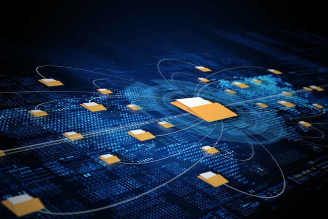 Abstract concept of data file sharing network showing folders connected across a glowing blue digital grid, ideal for storage, cloud, and cybersecurity themes. Big data background 3d rendering