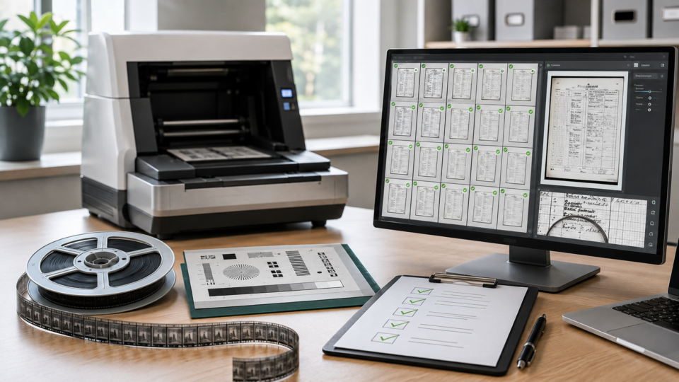 Microfilm conversion workspace with a scanner, film reel, calibration target, inspection checklist, and monitor displaying verified digital records.