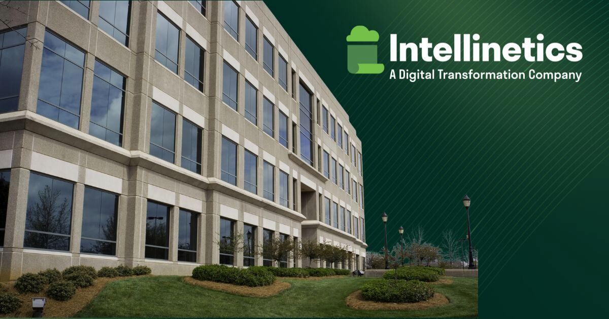 A corporate office building alongside the Intellinetics logo and “A Digital Transformation Company” tagline.