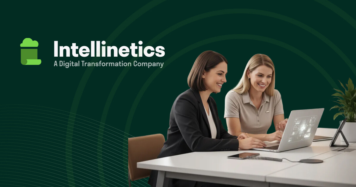 Two women working at a laptop on a green background with the Intellinetics logo