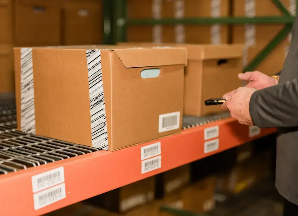 Records storage employee scanning a barcode on a document box in a secure records storage facility.
